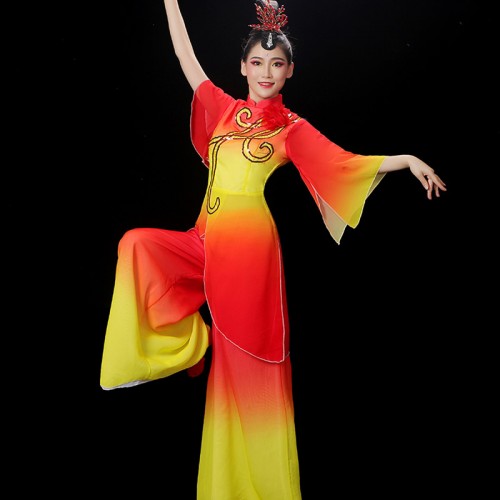 Women Chinese Yangko folk dance costume green royal blue red  jasmine classical dancer fan dance suit clothes